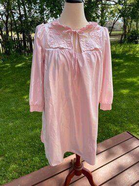 Vintage Featherbed New York Pink Satin Nightgown W/ Ruffled Collar & Embroidered